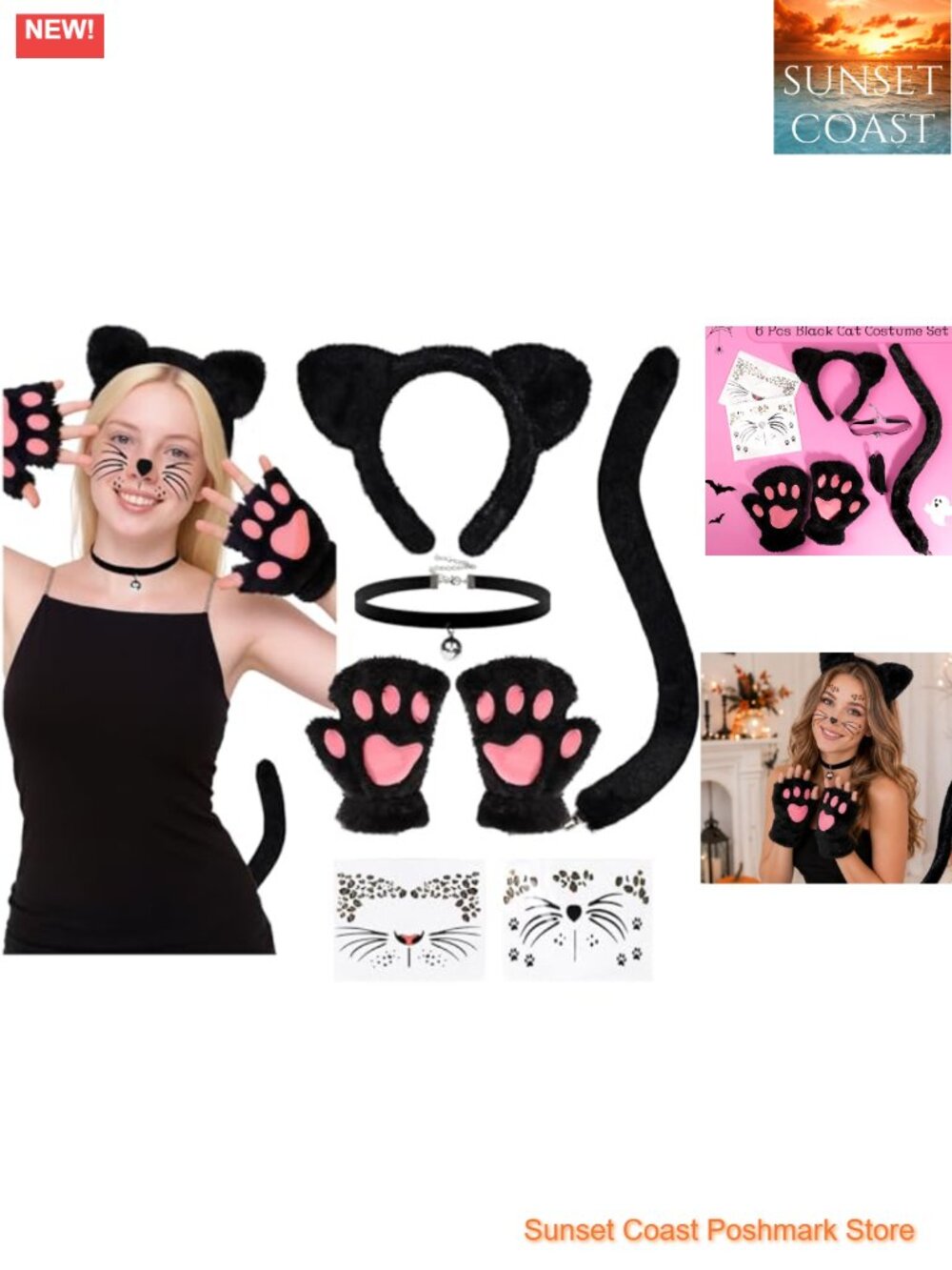 Cat Costume Accessory Set Ears Headband Tail Paws Gloves Collar Halloween
